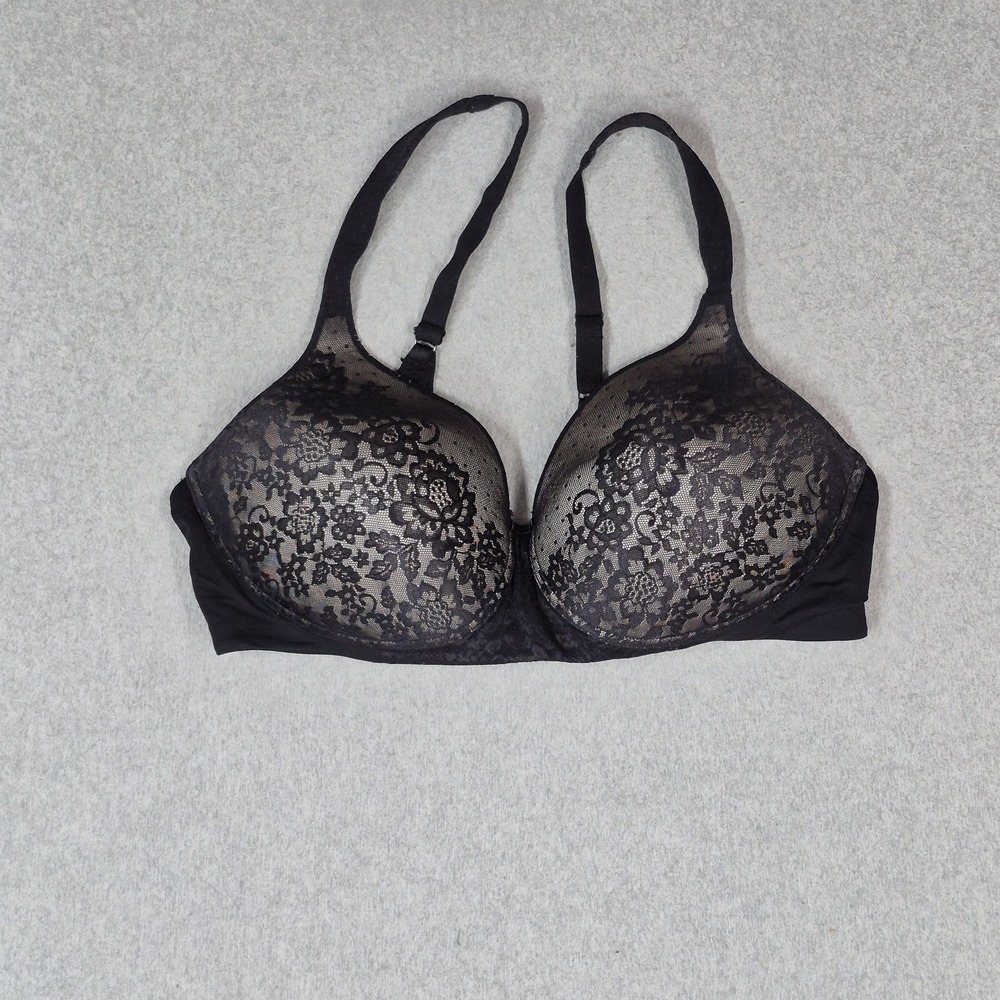 Vanity Fair Women Bra 42C Black Floral T Shirt Wireless Lace Lightly Lined